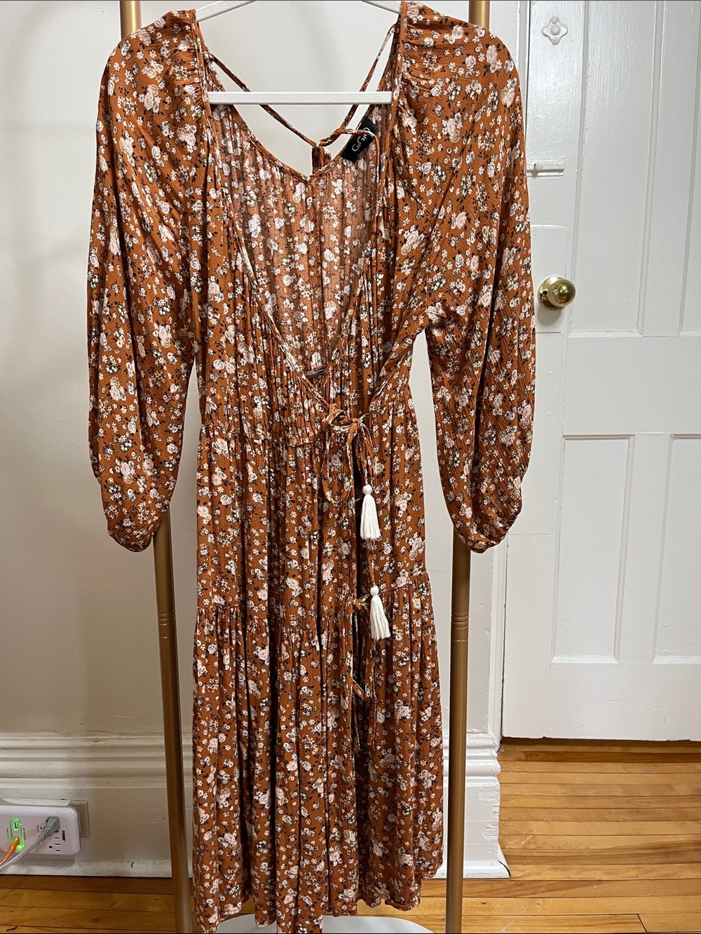 Tassel-Tie Floral Midi Dress in Rust